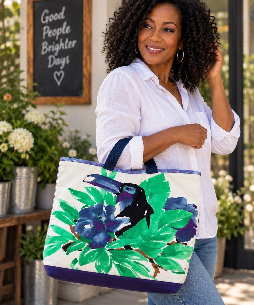 Handmade Quilted Tropical Tote Bag Large 18” Double-Sided Toucan